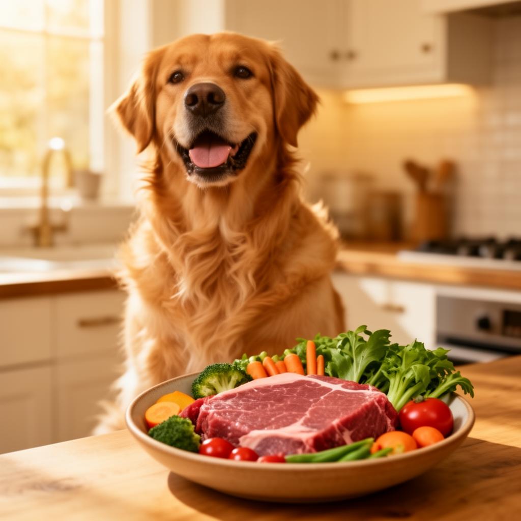 Happy healthy dog with fresh natural BARF meal - Nature's Food premium raw nutrition
